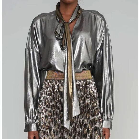 Le Superbe Costes Tie Front Metallic Vintage Gold Pewter Blouse Women's Medium - Picture 1 of 12
